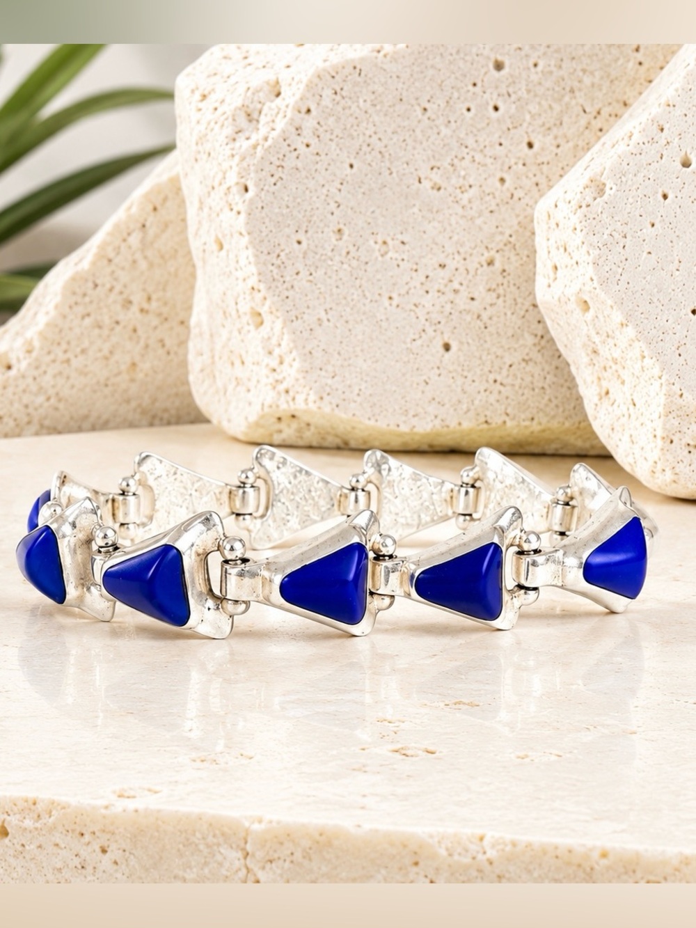 Vintage Taxco Mexico 950 Silver Lapis Lazuli Link Bracelet Heavy Modernist 40G